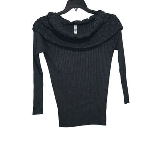 Pina Rossi Black Ribbed Knit Sweater XL Portrait Collar Long Sleeve Textured